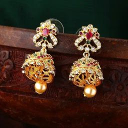 Estele Gold-Plated CZ Arcadia Pearl & Ruby Crystals Jhumki Earrings-4