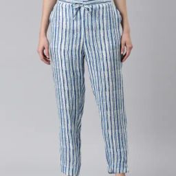 SHOWOFF White & Blue Cotton Striped Mid Rise Trousers-image-24