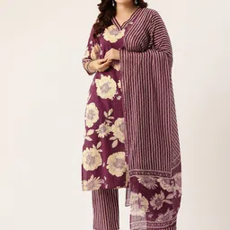 FERANOID Floral Printed Pure Cotton Kurta With Trousers & Dupatta-image-85