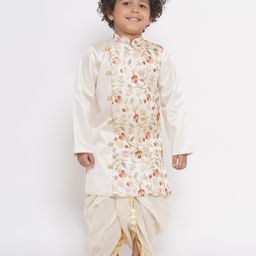 Little Bansi Full Sleeves Sequin Embellished & Floral Embroidered Kurta With Lurex Striped Dhoti - Cream-image-11