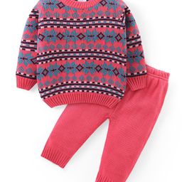 Babyhug Knit Full Sleeves Pullover Sweater & Pant Set Intarsia Design - Pink-image-23