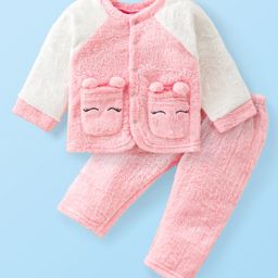 Babyhug Velour Knit Raglan Sleeves Front Open Winter Night Suit - Pink-image-37