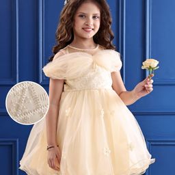 Mark & Mia Sleeveless Party Frock with Floral Embroidery & Pearl Detailing - Beige-image-92