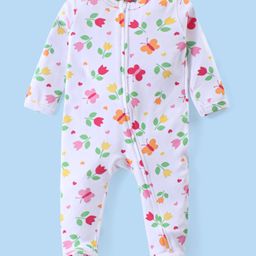 Babyhug Cotton Knit Full Sleeves Sleep Suit With Floral Print - White-picture-20