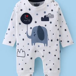 Mini Taurus Cotton Knit Full Sleeves Sleep Suit with Elephant Print & Text Patch- Blue-image-86