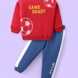 Babyhug Cotton Knit Full Sleeves T-Shirt & Lounge Pants Set With Football & Text Print - Red & Blue-image-75