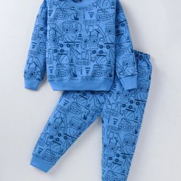 Evimo Single Jersey Knit Full Sleeves Car Printed Sweatshirt & Joggers Set - Blue-image-23
