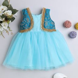 Many frocks & Sleeveless Dress With Brocade Lace Embellished Attached Shrug - Blue-image-53
