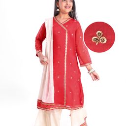 Pine Kids Woven Three Fourth Sleeves Floral Embroidered Kurta Gharara & Dupatta Set with Lace Detailing - Red-image-43
