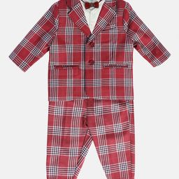 MINI KLUB Cotton Full Sleeves Checked Blazer & Pant With Solid Shirt & Bow Set - Red & Marshmallow-picture-3