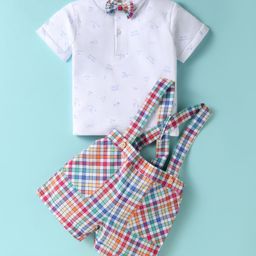 ToffyHouse Cotton Knit Half Sleeves Text Printed T-Shirt & Checkered Shorts Set with Bow & Attached Suspender - White-image-60
