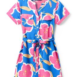 Pine Kids Woven Half Sleeves Frock & Belt With Floral Print - Blue & Pink-image-23