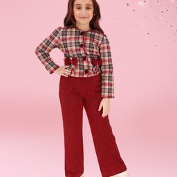 Cutecumber Woollen Full SleevesChecked Sequins Embellished Bow Applique Detailed Shirt Style Top & Pant Set - Maroon-image-86