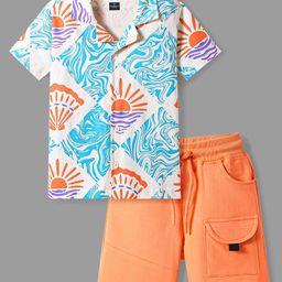 OLLINGTON ST. Cotton Half Sleeves Sun Printed Shirt & Shorts Set - Multicolor & Orange-image-86