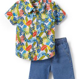 Babyhug Cotton Woven Half Sleeves Shirt & Denim Shorts Set With Leaf Print - Blue-image-56