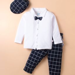 BUMZEE Interlock Knit Full Sleeves Shirt with Attached Bow & Pant Set With Suspender Cap with Checks - Navy Blue & White-picture-23