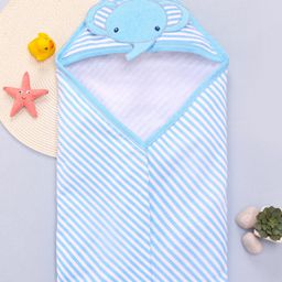 Babyhug Cotton Knit Hooded Wrapper with Stripes & Elephant Print L 80 x B 80 cm - Light Blue-image-55