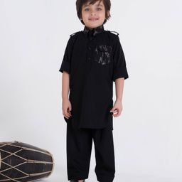Ministitch Cotton Silk Full Sleeves Abstract Printed Pathani Style Kurta Pyjama Set - Black-image-81