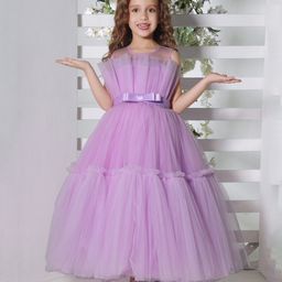 Ministitch Net Sleeveless Pleated Bow Applique Detailed Tiered Gown - Lilac-image-23