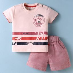 Mini Donuts Cotton Knit Half Sleeves T-Shirt & Shorts Set With Beach Theme Print - Rose Gold & Pink-image-82