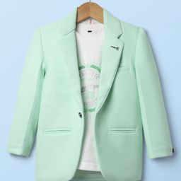 Dapper Dudes Full Sleeves Textured Blazer With Typography Printed Tee - Light Green-image-9
