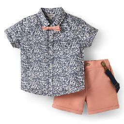 ToffyHouse 100% Woven Cotton Poplin Half Sleeves Floral Print Shirt & Twill Woven Shorts Set With Bow & Suspender - Pink & Navy Blue-image-3