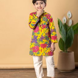 READIPRINT Cotton Full Sleeves Floral Printed Kurta & Pyjama Set - Yellow-image-47