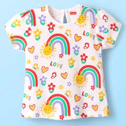 Babyhug 100% Cotton Knit Half Sleeves T-Shirt with Rainbow Print - White-picture-9