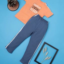 RAINE AND JAINE Cotton Knit Half Sleeves Gamers Never Sleep Text Printed Night Suit Set - Orange & Blue-image-70