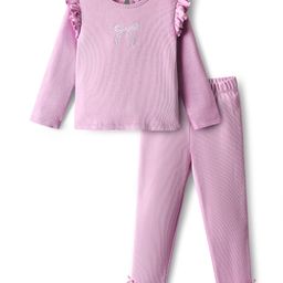Bonfino 100% Cotton Knit Full Sleeves Rib Fabric T-Shirt & Leggings Set With Bow Print - Lavender-image-25