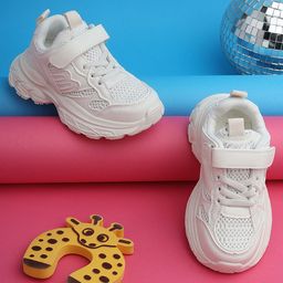 TRUFFLE COLLECTION Velcro Closure Mesh Detailed Solid Sneakers - White-image-34