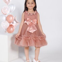 Ministitch Net Woven Sleeveless Floral & Bow Applique Detailed Dress - Brown-image-50
