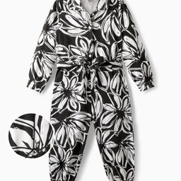 OLLINGTON ST. Cotton Knit Full Sleeves Jumpsuit & Belt with Floral Print - Black & White-image-45