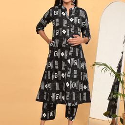 GOLDSTROMS Women Floral Printed Regular Linen Maternity Kurta with Trousers-image-88