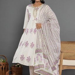 Yufta Floral Embroidered Gotta Patti Pure Cotton Anarkali Kurta & Trousers With Dupatta-image-19