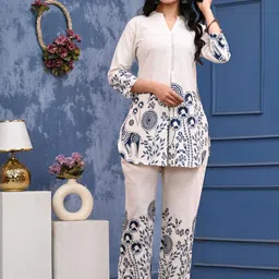 mokshi Printed Khadi Mandarin Collar Tunic & Trousers Co-Ord Set-image-58