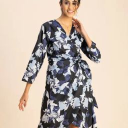 Moomaya Black & Blue Floral Print Wrap Dress-picture-16