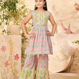 Aarika Kids Peach Cotton Printed Kurti & Sharara-image-38