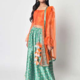 studiorasa Kids Orange & Green Flared Fit Full Sleeves Lehenga Set-image-54
