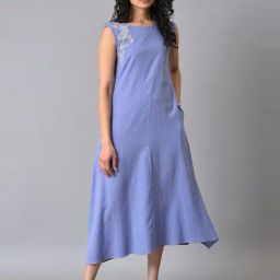 W Purple Cotton Embroidered A-Line Dress-image-20