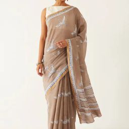 Taneira Grey Block Print Saree With Unstitched Blouse-image-38