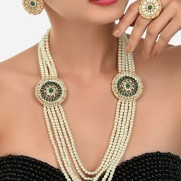 Zaveri Pearls Green Multi Layered Two Sided Brooch Long Necklace Earring & Ring Set-ZPFK12120-41