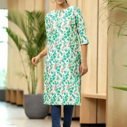 Libas White & Green Cotton Printed Straight Kurta-image-83