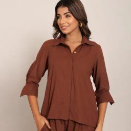 KAORI BY SHREYA AGARWAL Brown Blended Solid Three-Quarter Sleeves Shirt-image-12