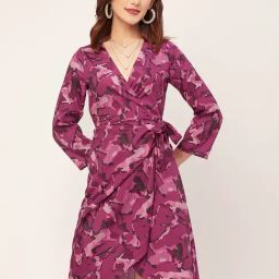 Moomaya Magenta Printed Wrap Dress-image-4