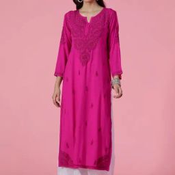 House of Chikankari Pink Embroidered Straight Kurta-image-79