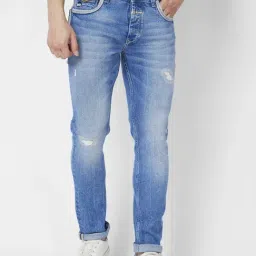 Spykar Mid Blue Cotton Slim Fit Distressed Jeans-picture-24