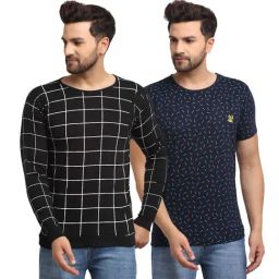 Vimal Jonney Navy & Black Regular Fit Check T-Shirt - Pack of 2-image-99