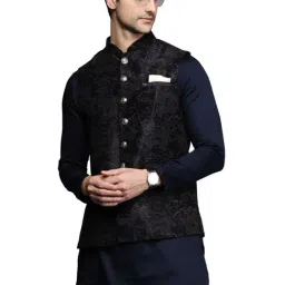 Manyavar Blue Regular Fit Printed Nehru Jackets-image-9