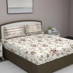 GM 'Fiesta' Beige & White Cotton 180 TC Double Bedsheet with 2 Pillow Covers-image-99